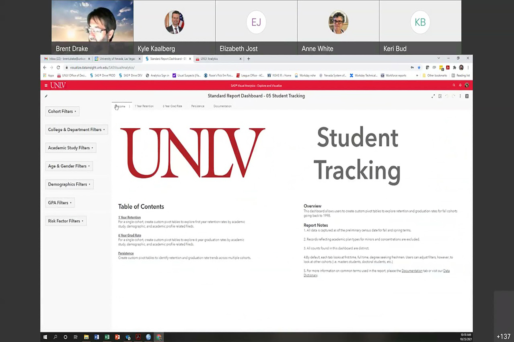 Zoom meeting screen of standard report dashboard student tracking
