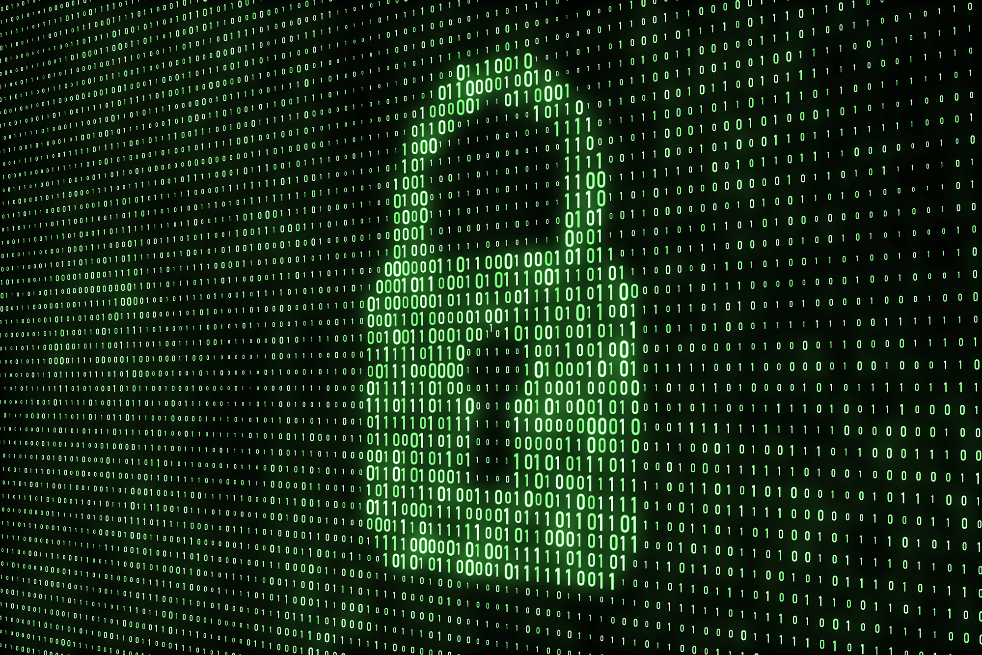 Green digital padlock icon formed from binary code, symbolizing cybersecurity and data protection.