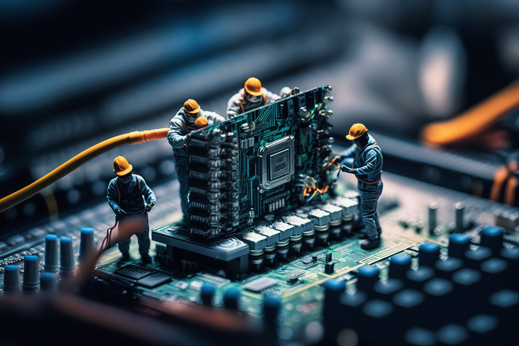 Group of technician figurines doing maintenance on a computer motherboard. 