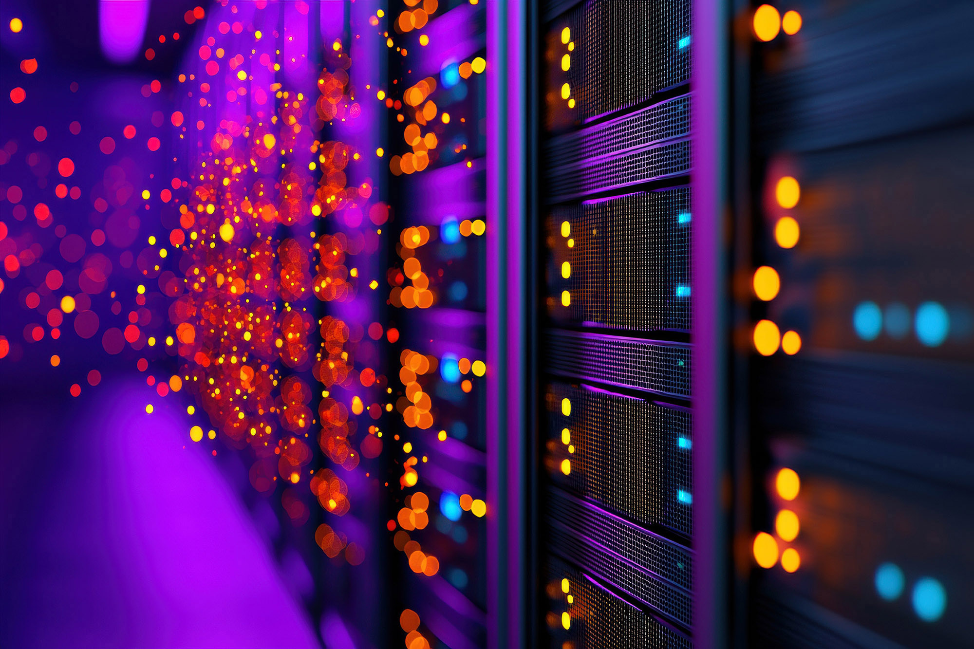 Bright orange and purple glowing lights and abstract particles appear in front of rows of server racks in a dimly lit data center.