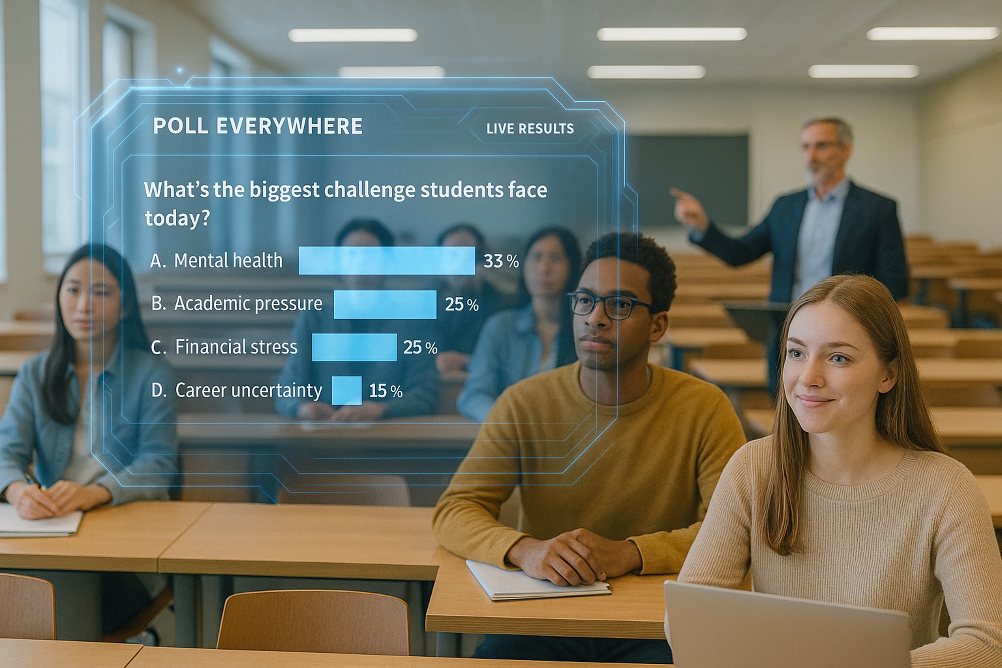 Students in a university classroom engage with a futuristic holographic poll showing real-time results on challenges like academic pressure and mental health, while a professor gestures in the background.
