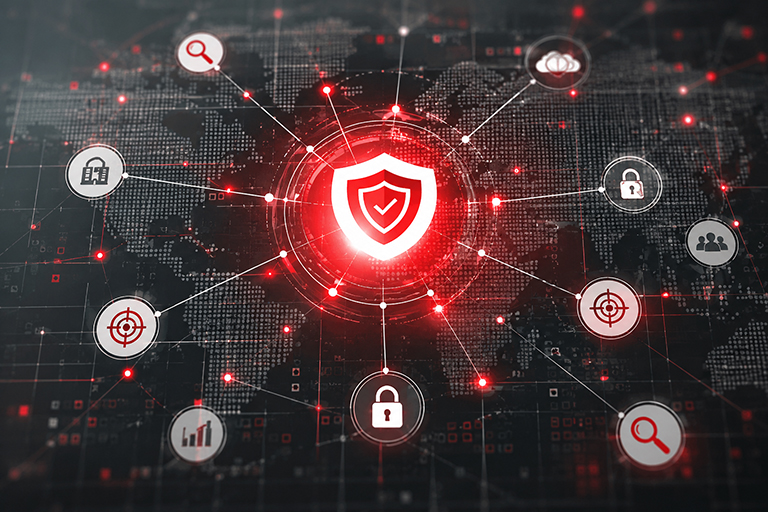 Digital network with security and monitoring icons representing certificate management and automated renewal services.