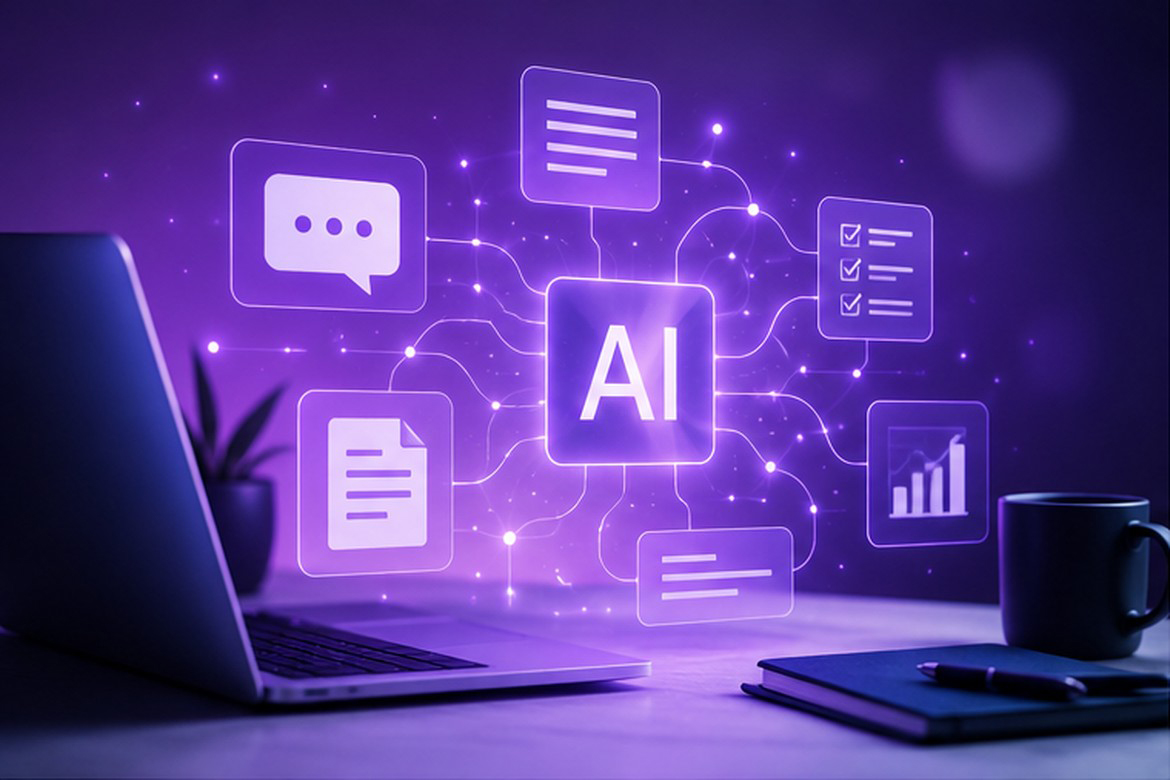 Laptop surrounded by connected AI-powered tools for chat, documents, tasks, and data.