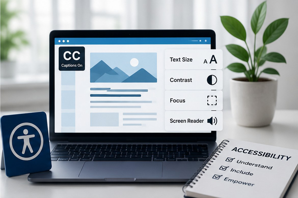 Laptop displaying digital accessibility features including captions, text sizing, contrast, focus, and screen reader controls.