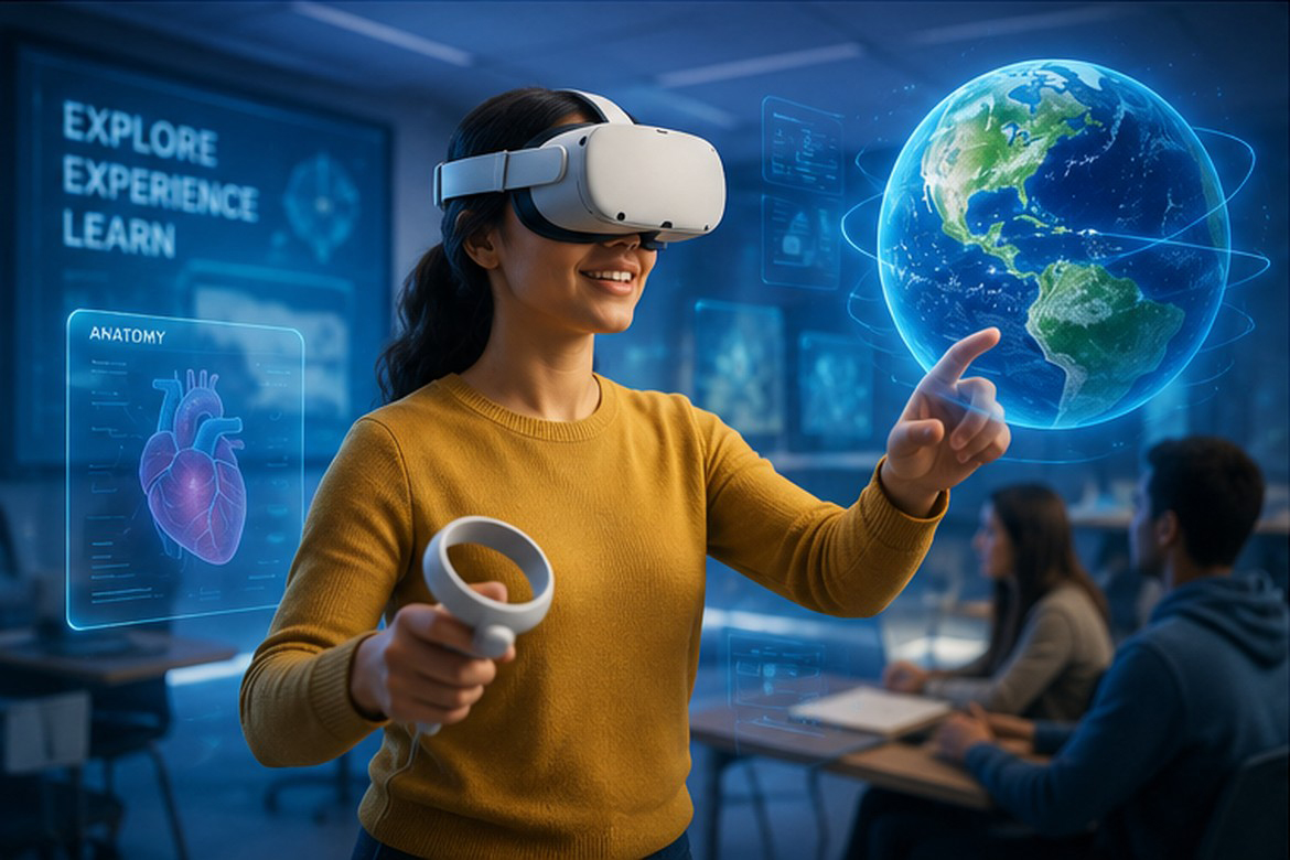 Person using a virtual reality headset to explore interactive educational models in a classroom.