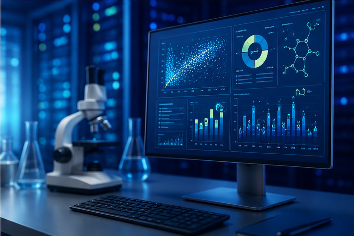Research workstation displaying scientific data visualizations beside laboratory equipment.