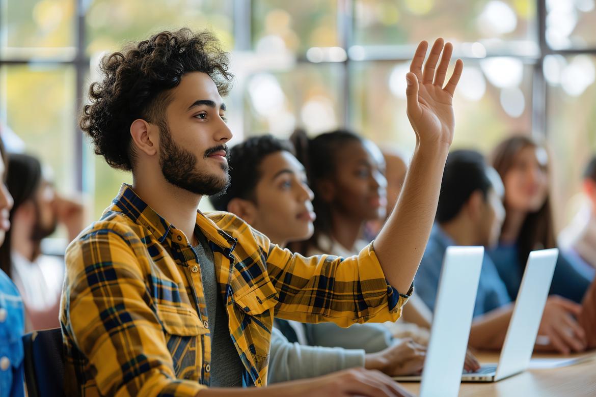 A student raising hand and asking lecturer a question in class.