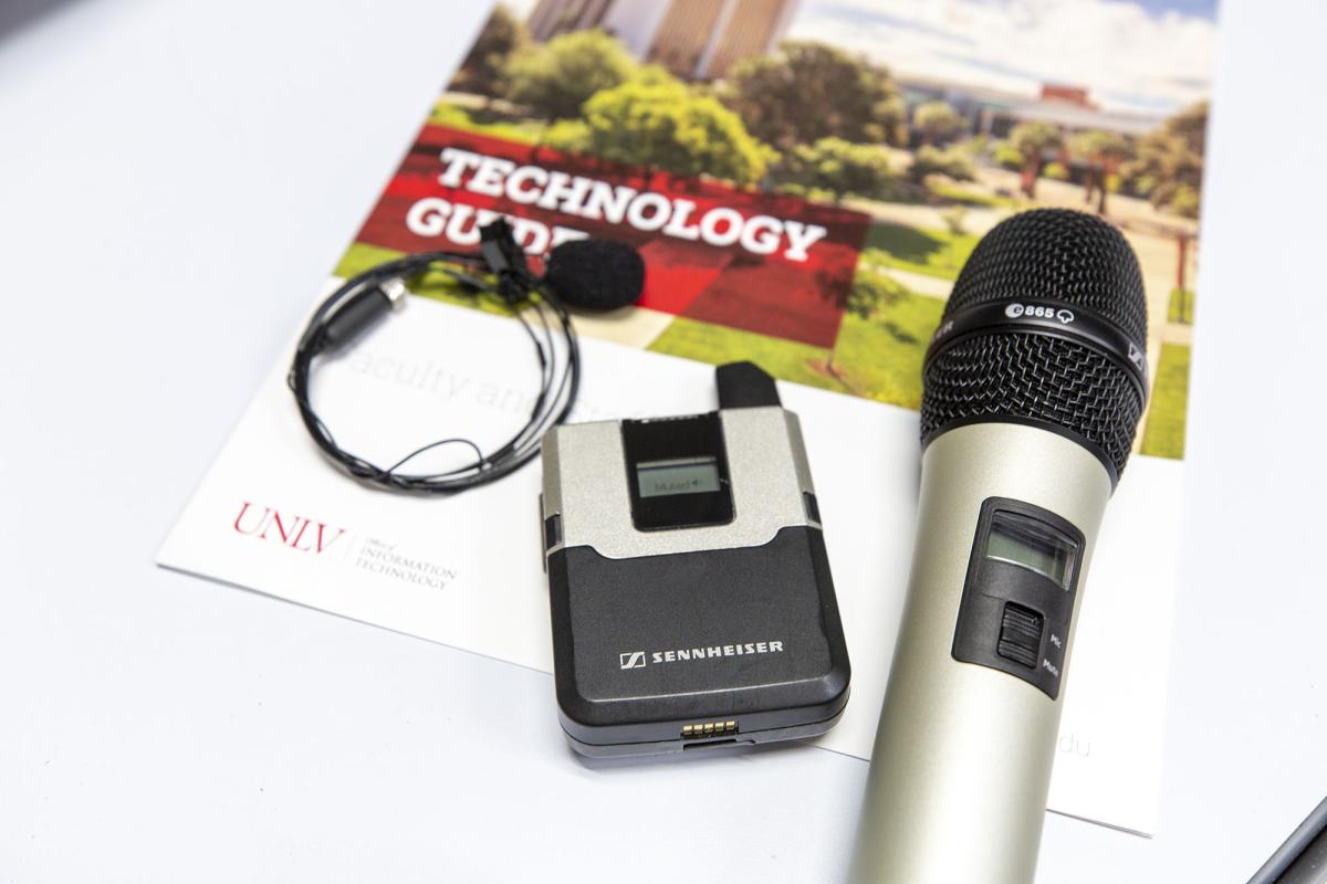 Sennheiser wireless microphone and receiver with UNLV technology guide.