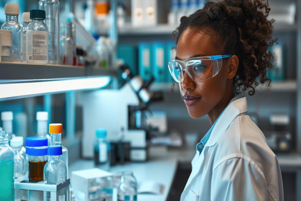 A scientist wearing protective goggles in a research laboratory.