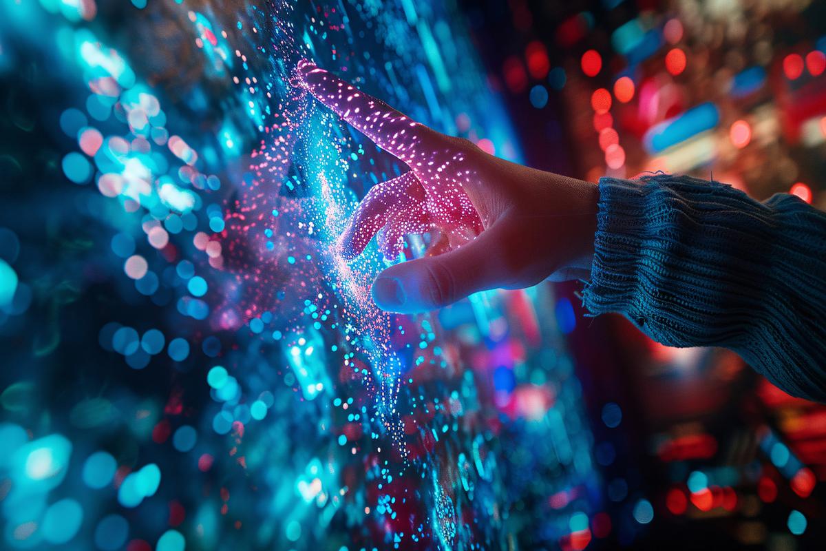 Close-up of a student's hand reaching out to touch a virtual reality interface, with abstract digital projections depicting immersive educational experiences and interactive learning environments.