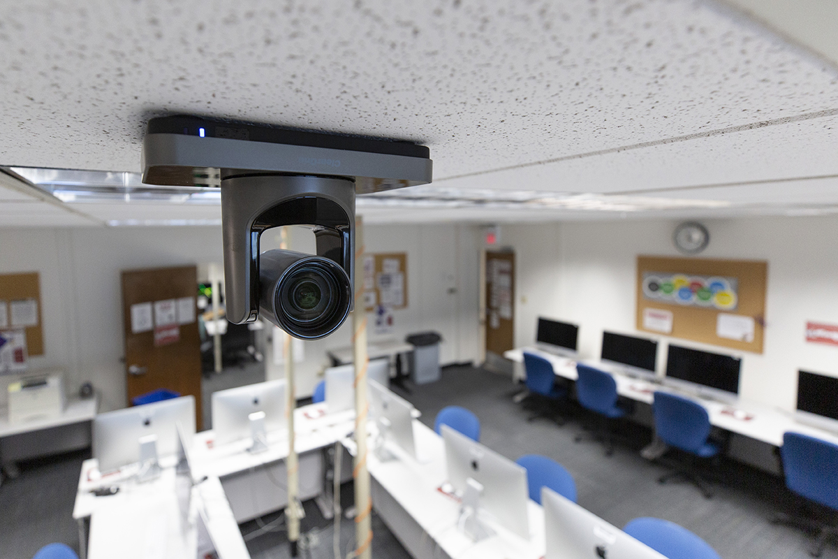 Closeup of a classroom video camera.
