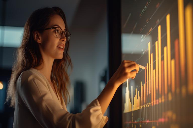 Person presenting and evaluating data chart - Illustration created with generative ai