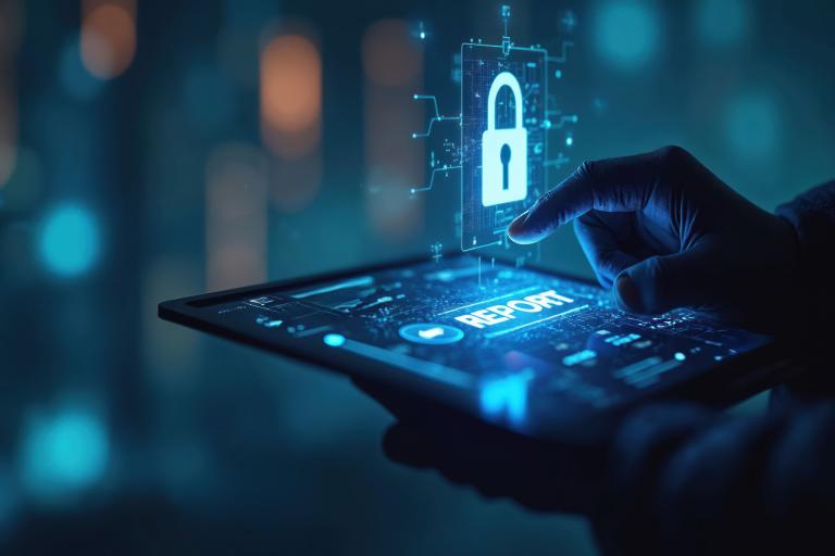 Hand interacting with a digital security interface displaying a padlock icon above a tablet screen.