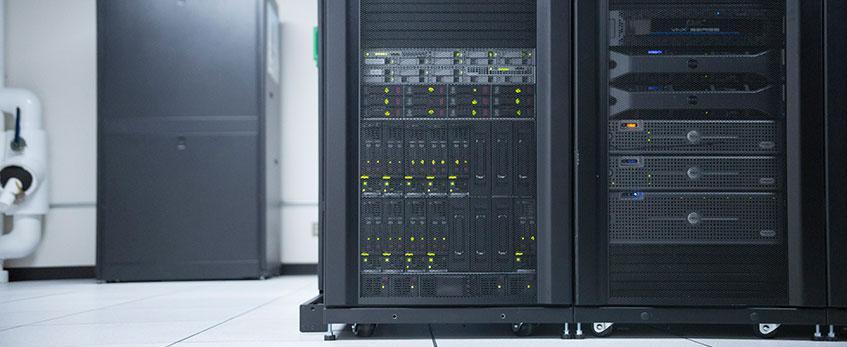 A rack of servers in a U-N-L-V data center.